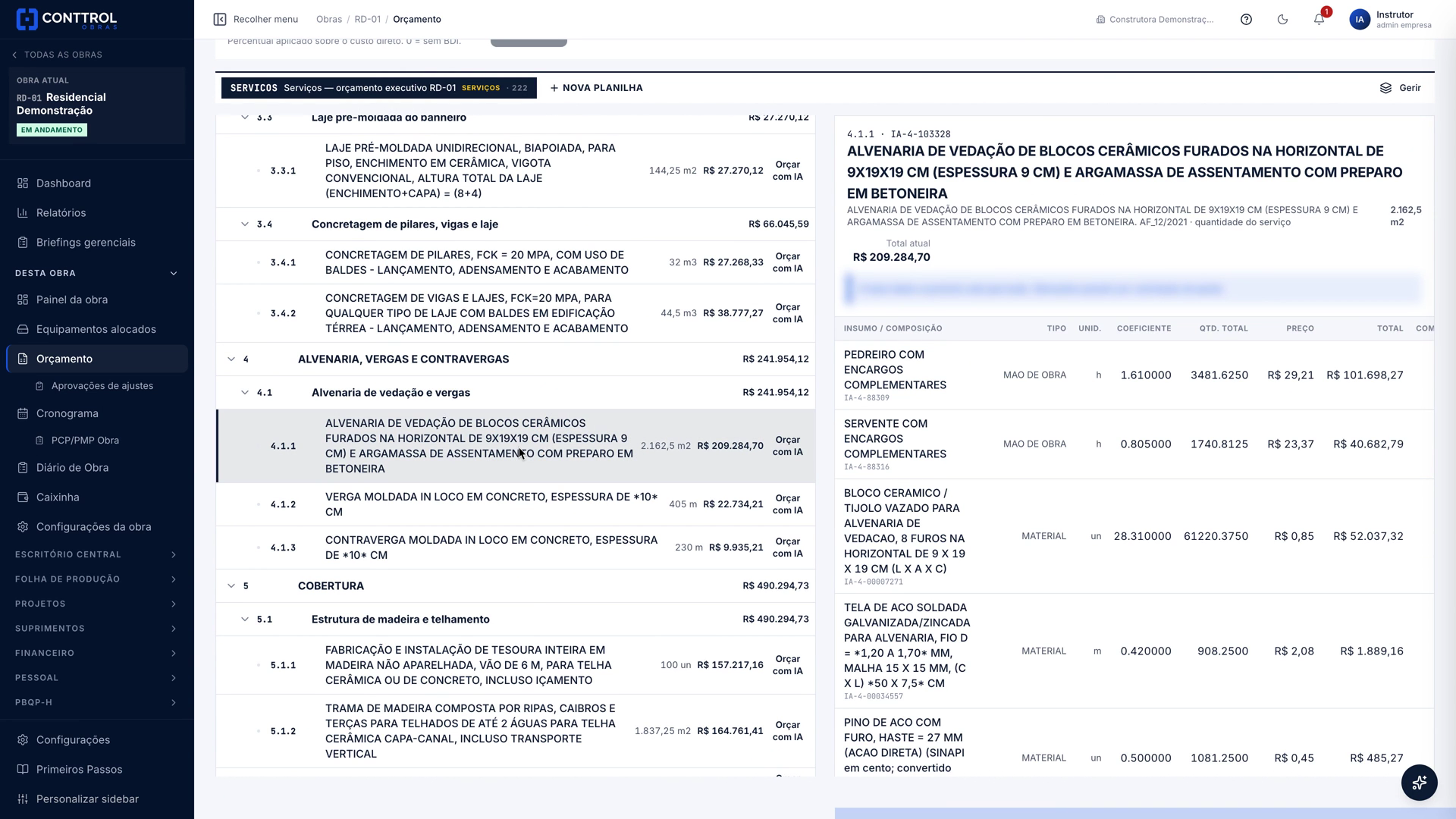 Tela real do orçamento do Conttrol, com serviços e composição da alvenaria